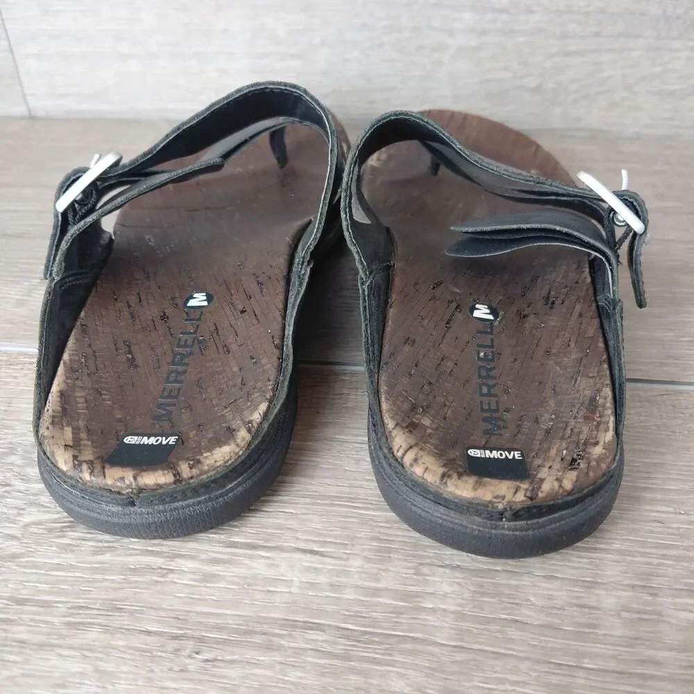Merrell Sandals Womens 7 Black Leather Around Town Buckle Strappy Beach Thong